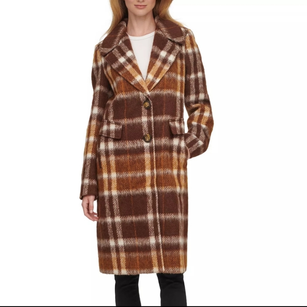 NWT Calvin Klein Brown Multi Brushed Plaid Notch Lapel Button Front Overcoat 6